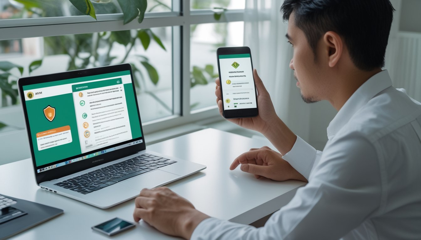 Seseorang membandingkan dua profil layanan online di laptop dan ponsel.