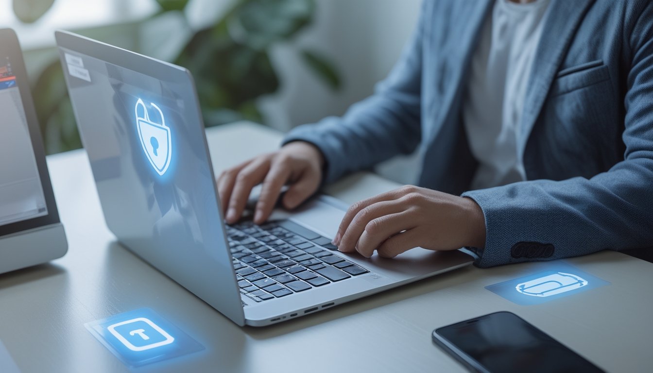 Seseorang menggunakan laptop dan ponsel dengan hati-hati saat mendaftar akun.