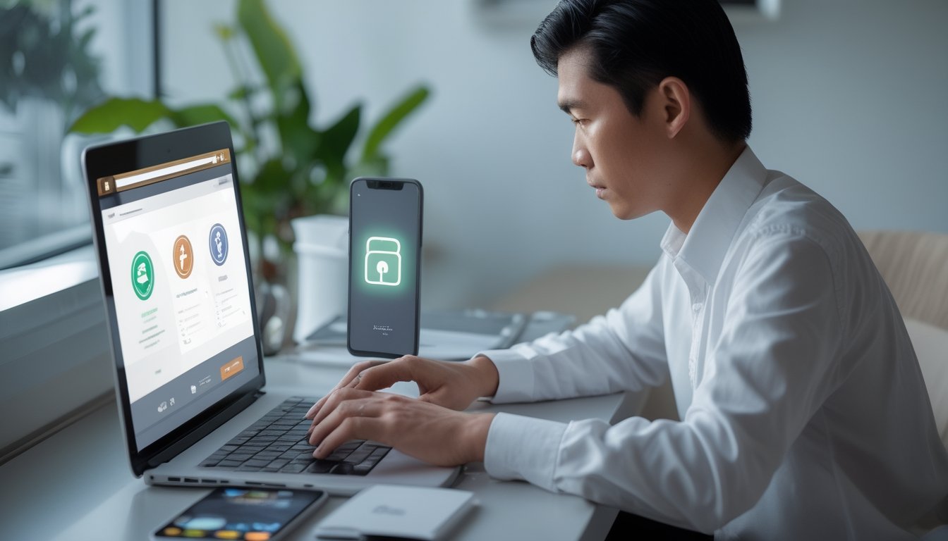 Seseorang memeriksa simbol keamanan pada laptop sebelum membuat akun.