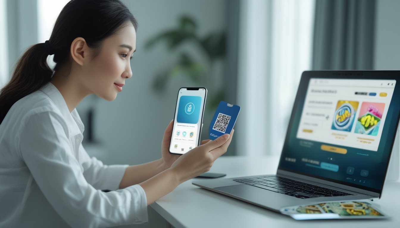 Seorang perempuan menggunakan ponsel untuk memindai kode QR di depan laptop.
