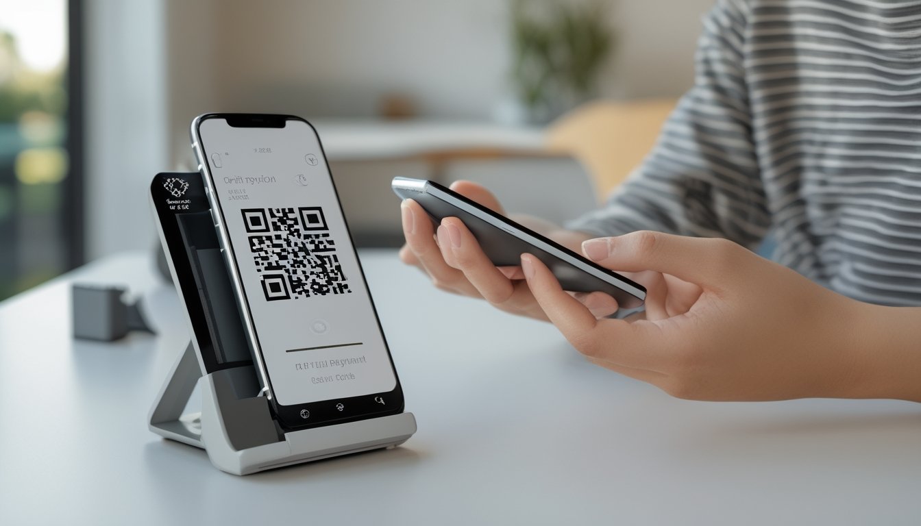 Seseorang memindai kode QR menggunakan ponsel untuk melakukan pembayaran digital.