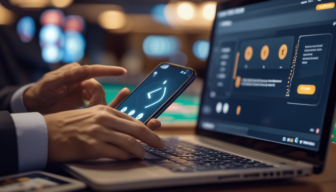 Seseorang menggunakan ponsel untuk melakukan transaksi perbankan di dekat laptop, dengan suasana lounge kasino di latar belakang.