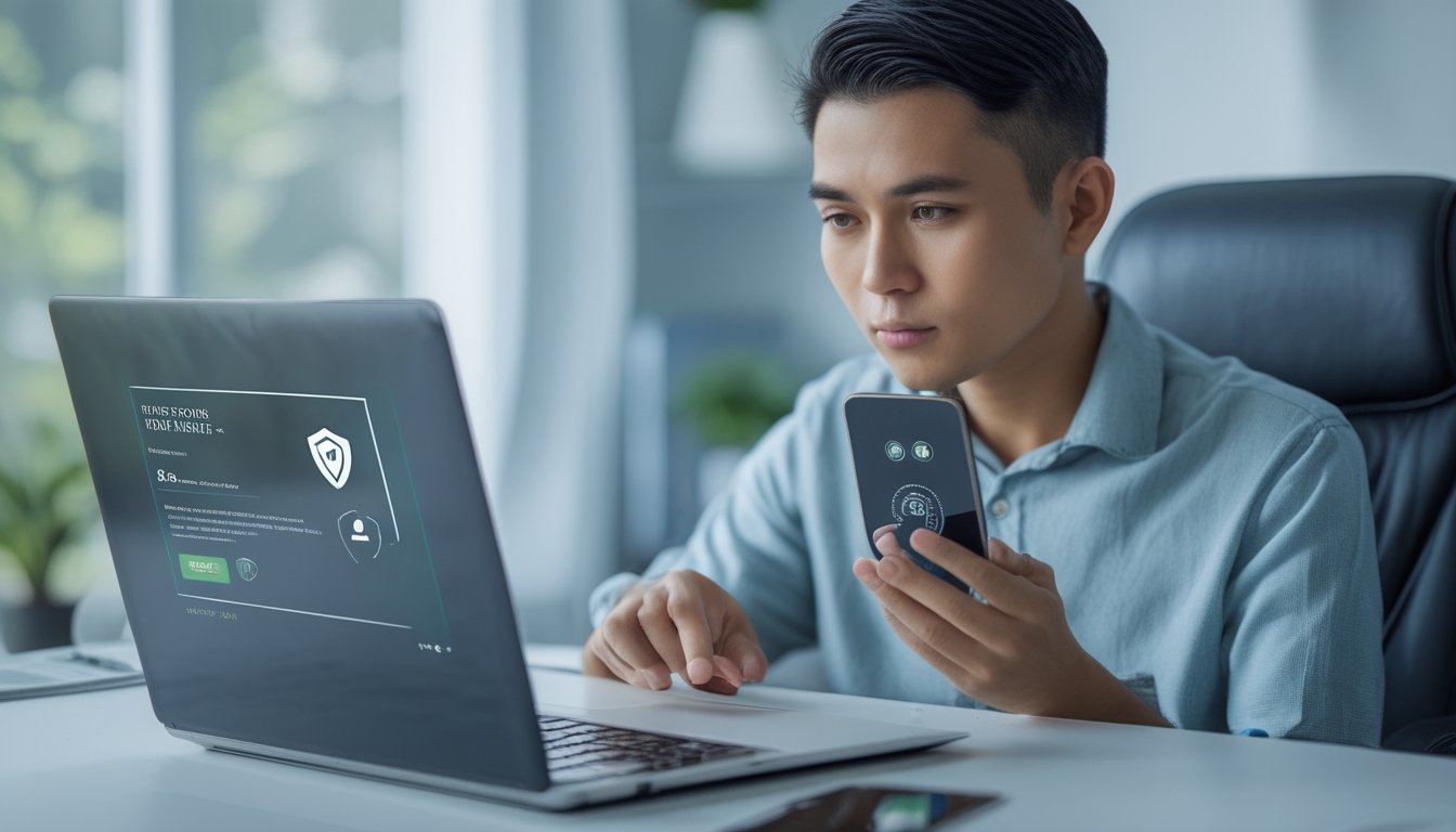 Seseorang memeriksa keamanan situs di laptop sambil memegang ponsel dengan tampilan aplikasi perbankan.