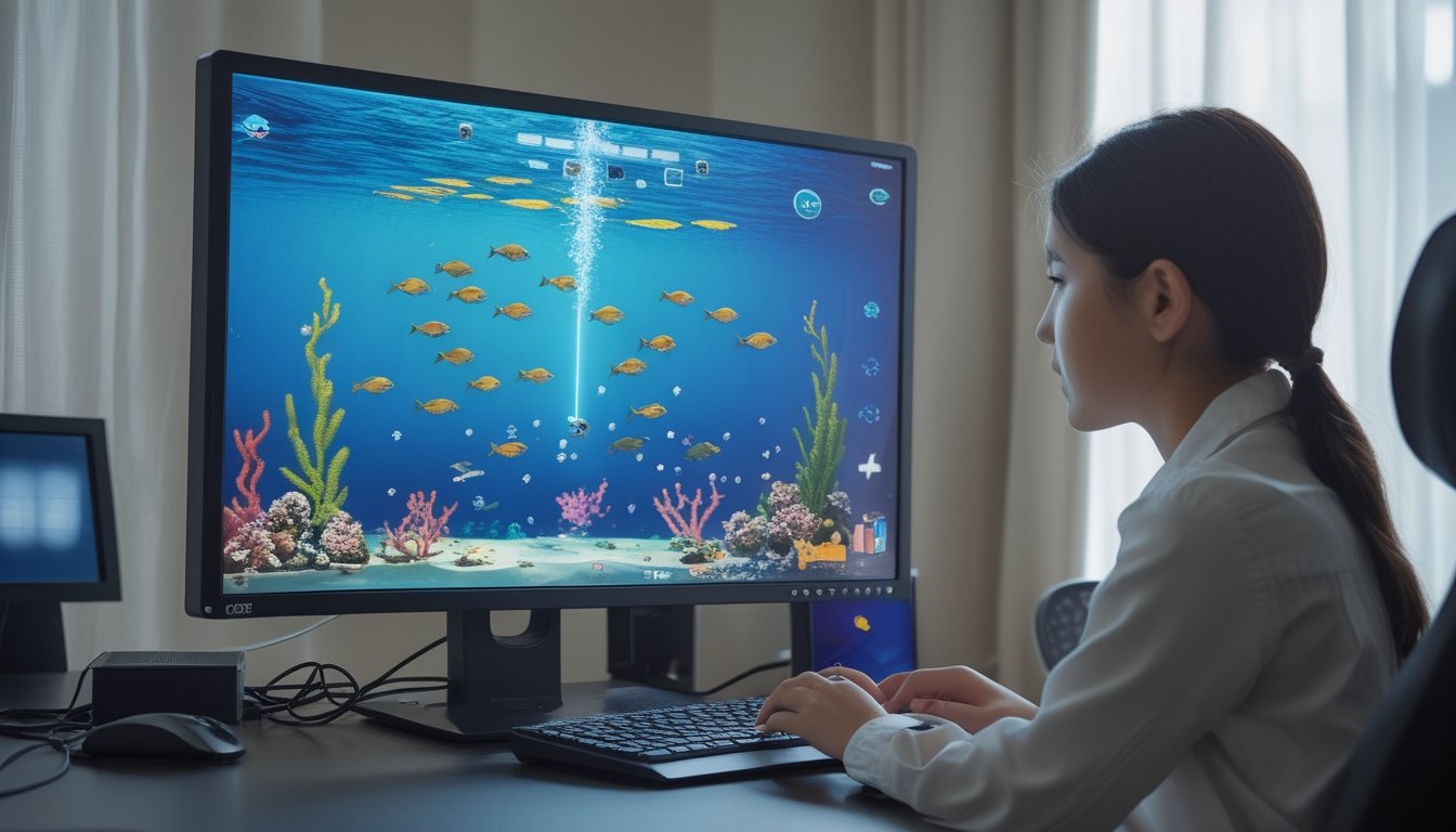 Seorang pemula mengarahkan meriam virtual ke ikan di layar komputer.