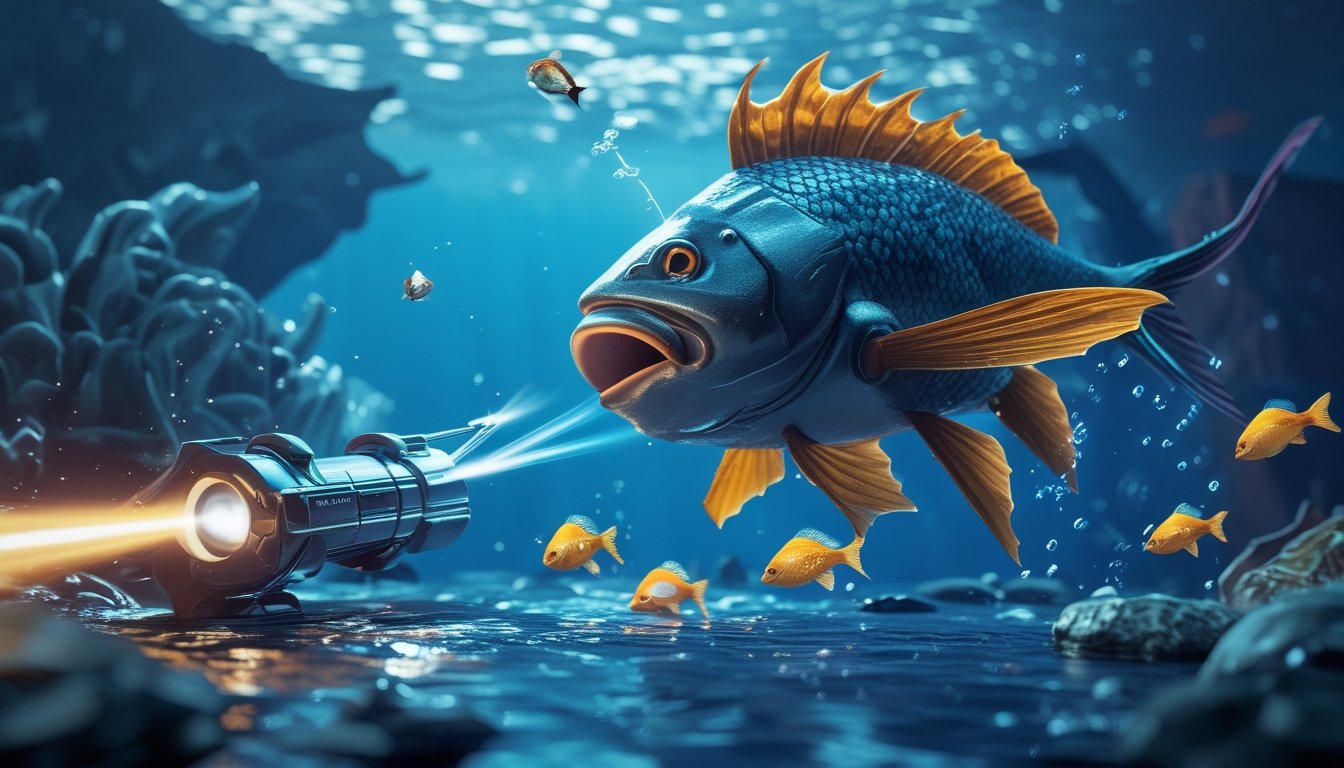 Sebuah meriam permainan menembakkan proyektil ke ikan raksasa di antara ikan-ikan kecil.