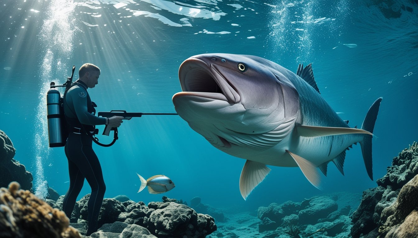 Seorang penyelam membidik ikan raksasa di bawah laut.