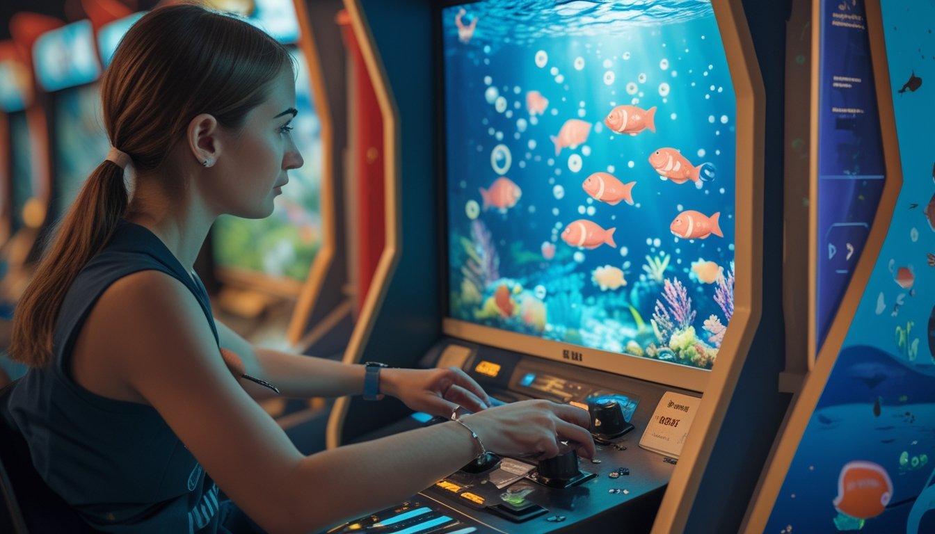 Seorang pemain dewasa sedang berkonsentrasi memainkan permainan tembak ikan di mesin arcade.