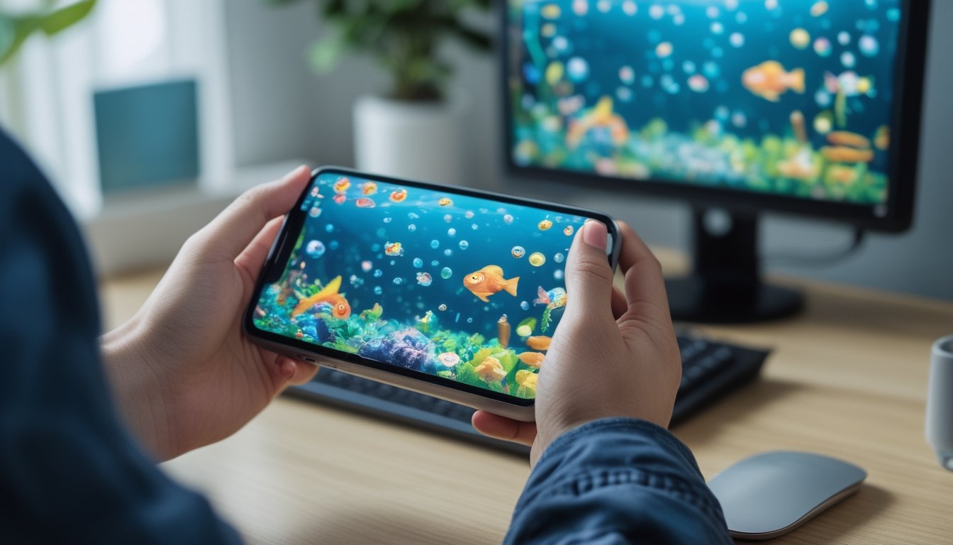 Seseorang memainkan game tembak ikan di ponsel dengan latar suasana bawah laut.