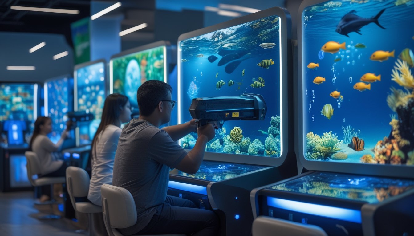 Seorang pemain mencoba permainan tembak ikan dengan beragam pemandangan bawah laut di layar.
