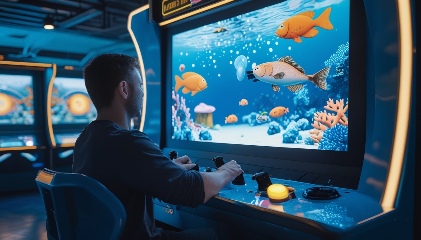 Seorang pemain memainkan permainan tembak ikan dengan meriam di dunia bawah laut penuh ikan.