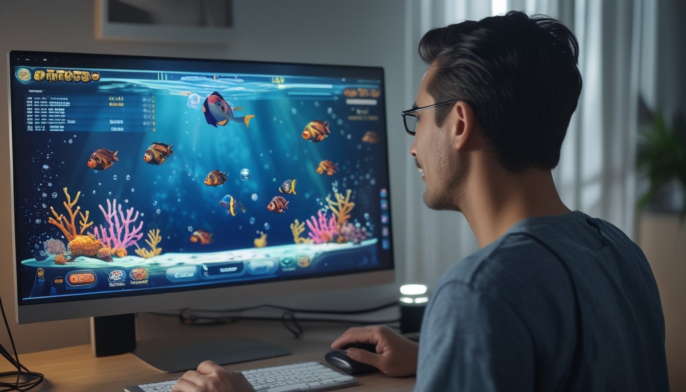 Seseorang memainkan permainan ikan virtual di komputer.
