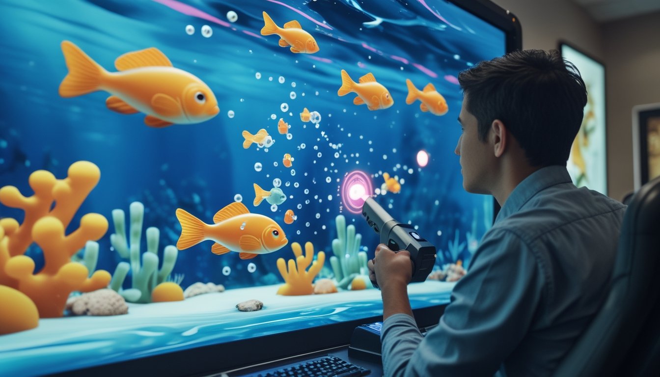 Seseorang memainkan permainan arcade tembak ikan dengan pemandangan ikan berwarna-warni di layar.