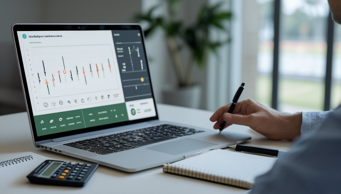 Seseorang mempelajari statistik pertandingan sepak bola di laptop sambil mencatat di meja.