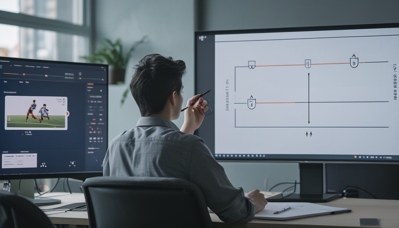 Seorang pemula mempelajari grafik pertandingan olahraga di depan layar.