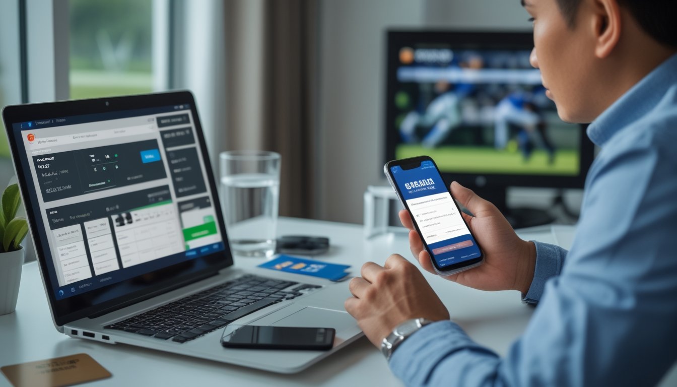 Seorang penggemar olahraga menggunakan ponsel di meja rumah, dengan laptop, kartu bank, dan pertandingan sepak bola di televisi.