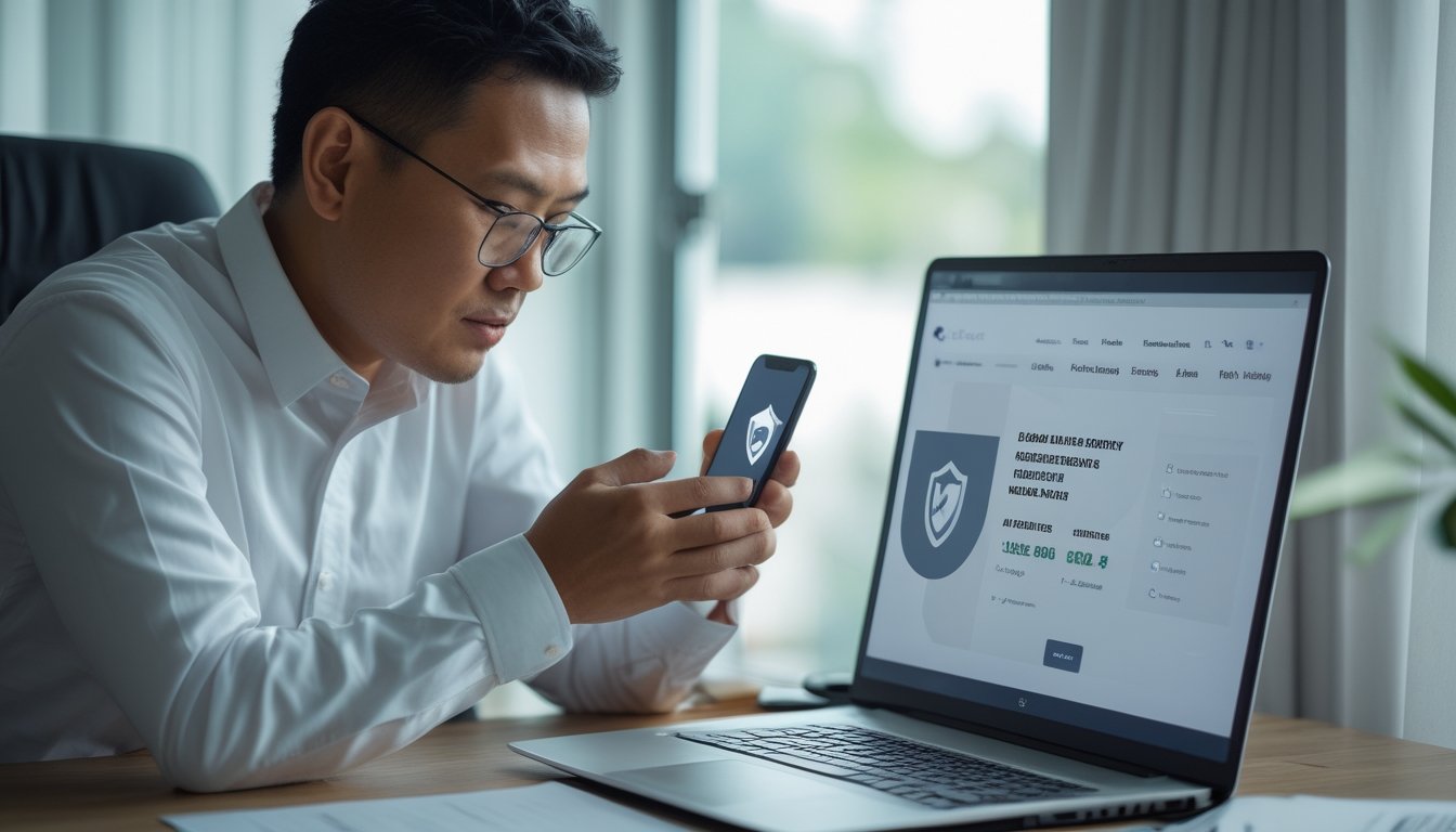 Orang dewasa memeriksa situs olahraga di laptop sambil menggunakan ponsel di meja.