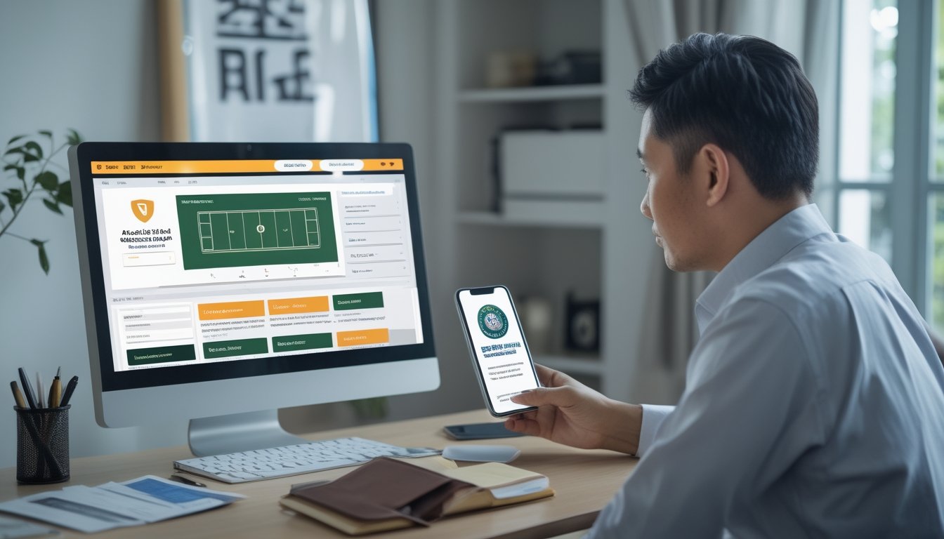 Seorang dewasa Indonesia memeriksa situs olahraga di laptop sambil meninjau daftar periksa.
