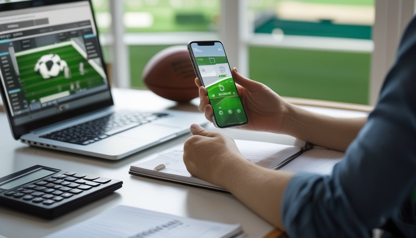 Seseorang menyusun anggaran di meja sambil melihat pertandingan sepak bola di laptop.