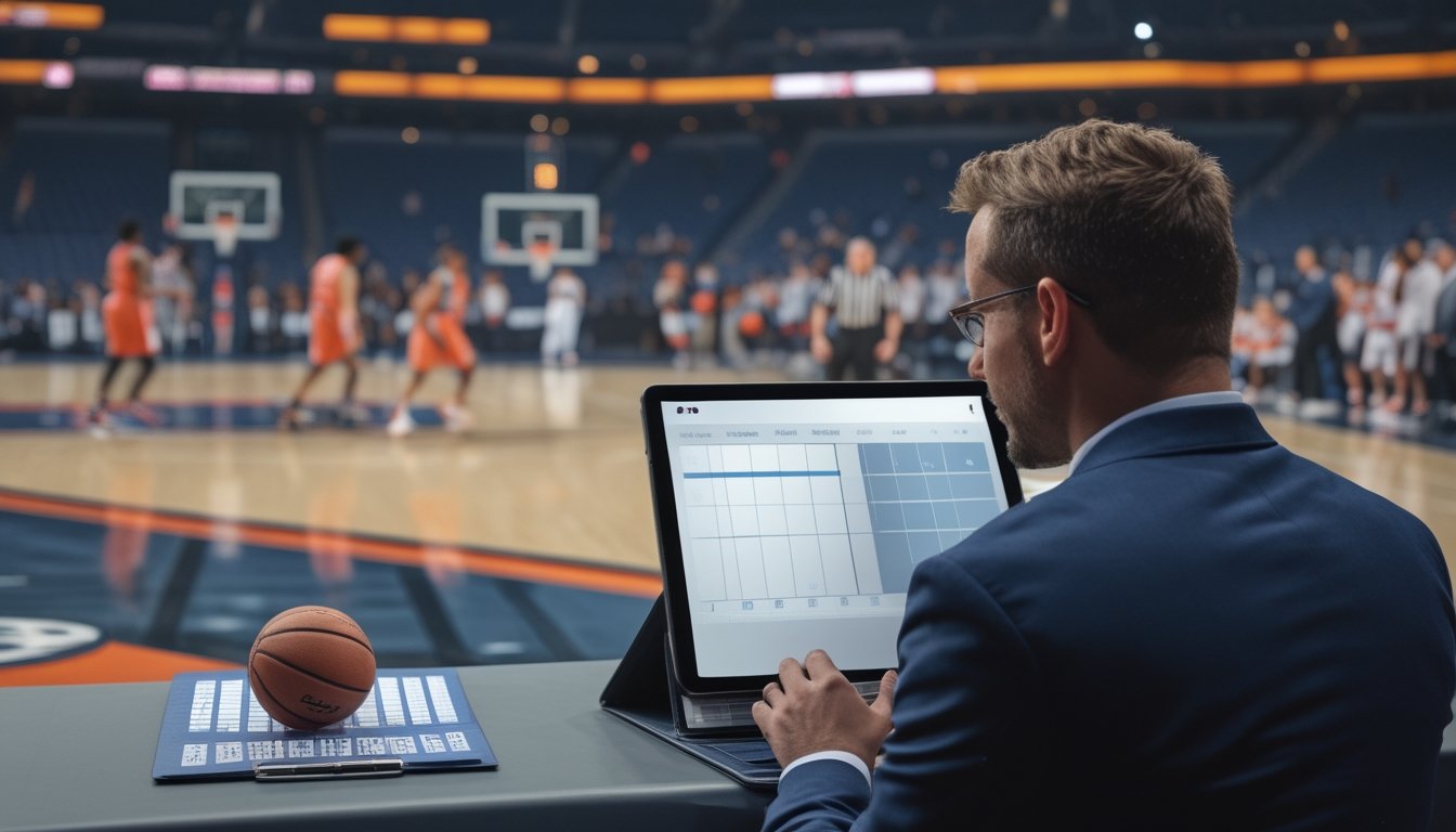 Seorang analis mengamati pertandingan basket sambil memeriksa tablet dan papan skor kosong.