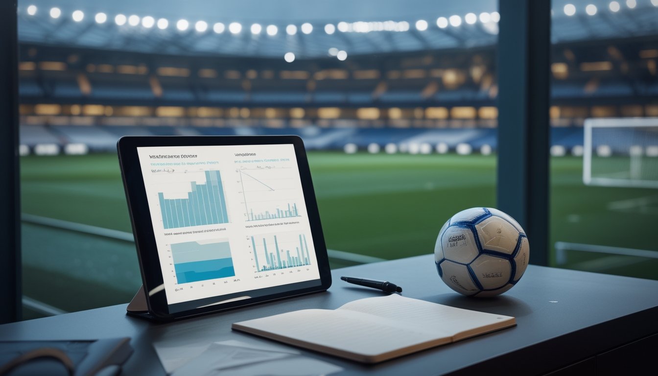 Meja analis sepak bola menghadap stadion, dengan bola dan tablet berisi grafik pertandingan.