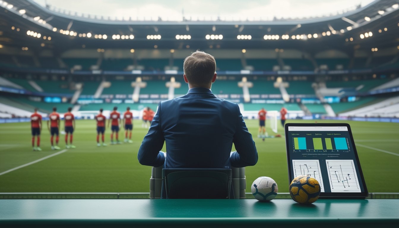 Seorang analis mengamati tablet di tepi lapangan saat dua kelompok pemain berlatih di stadion.