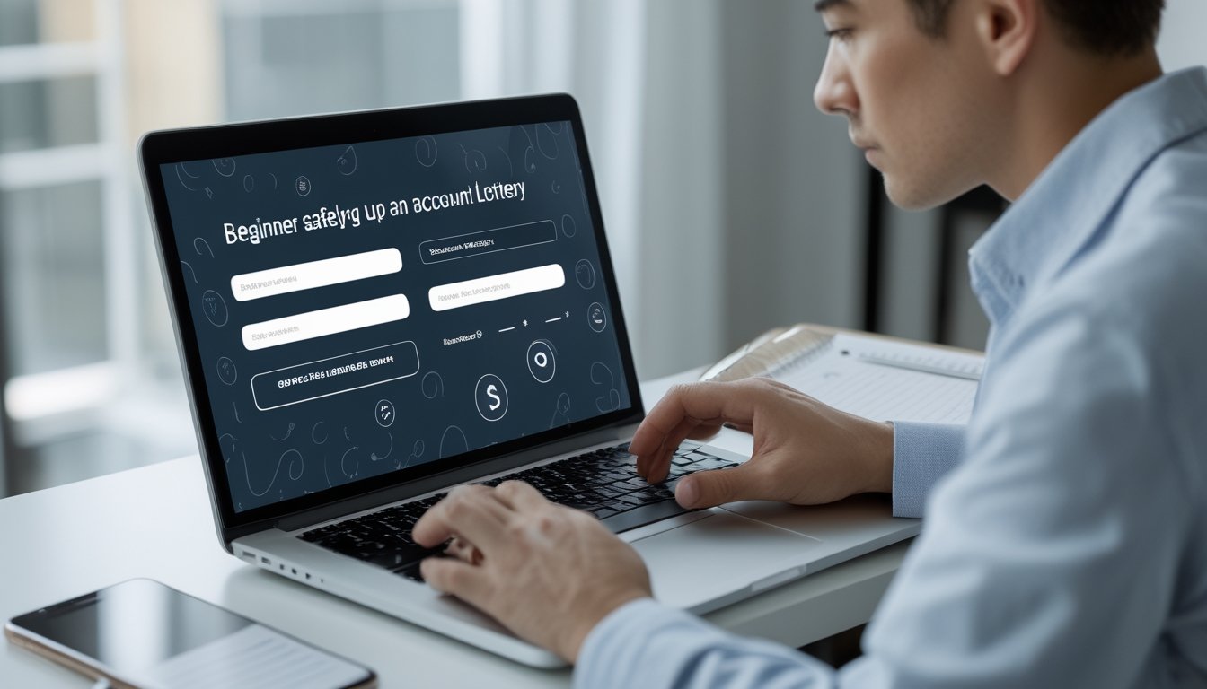 Seseorang mengisi formulir pendaftaran akun di laptop pada meja kerja.