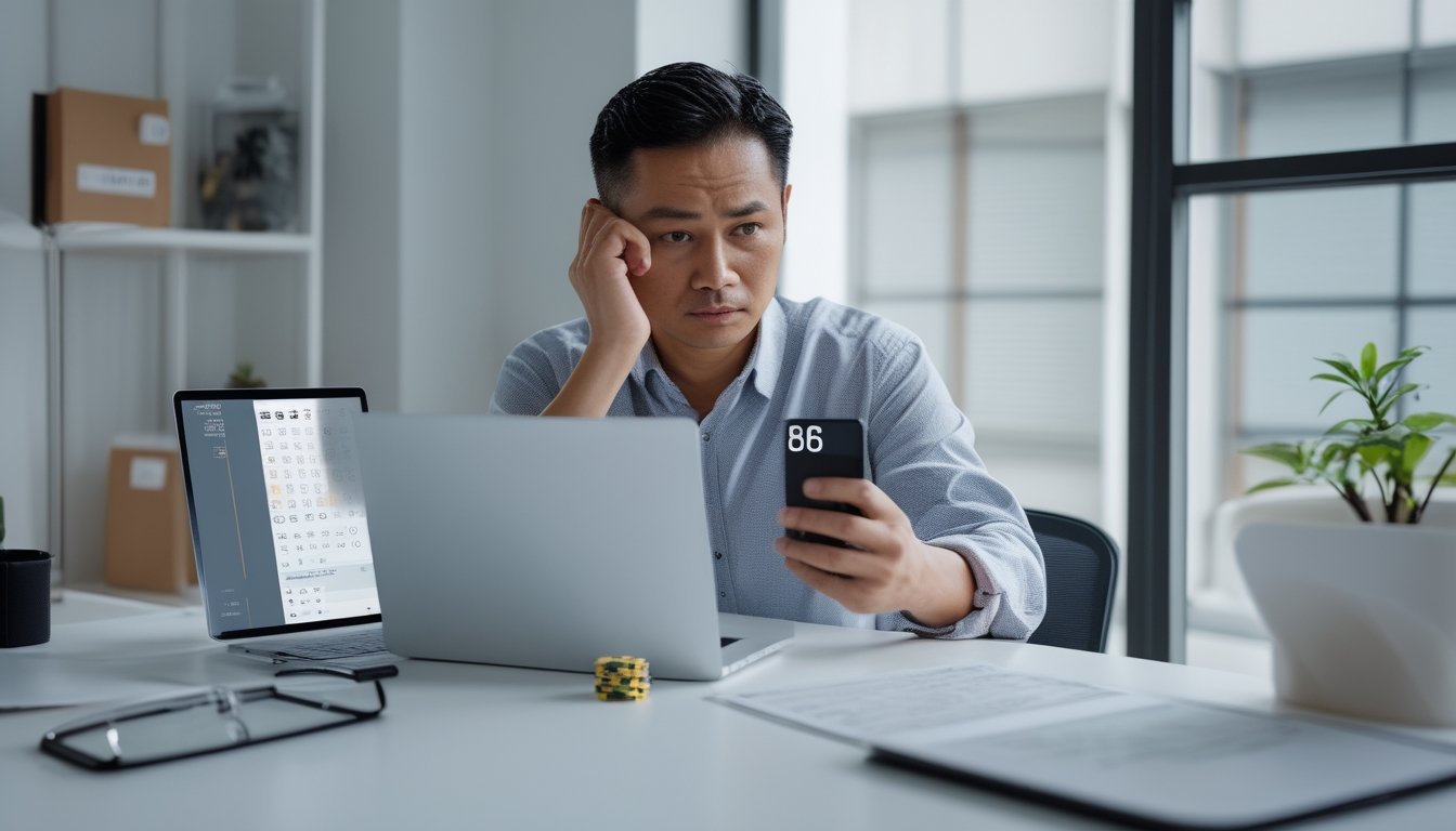 Seseorang meninjau ponsel dan laptop di meja dengan ekspresi penuh pertimbangan.