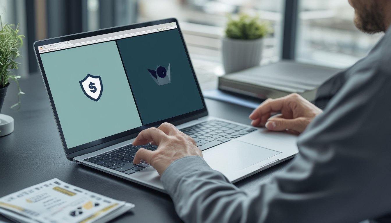 Seseorang membandingkan dua tampilan situs judi yang berbeda di laptop.