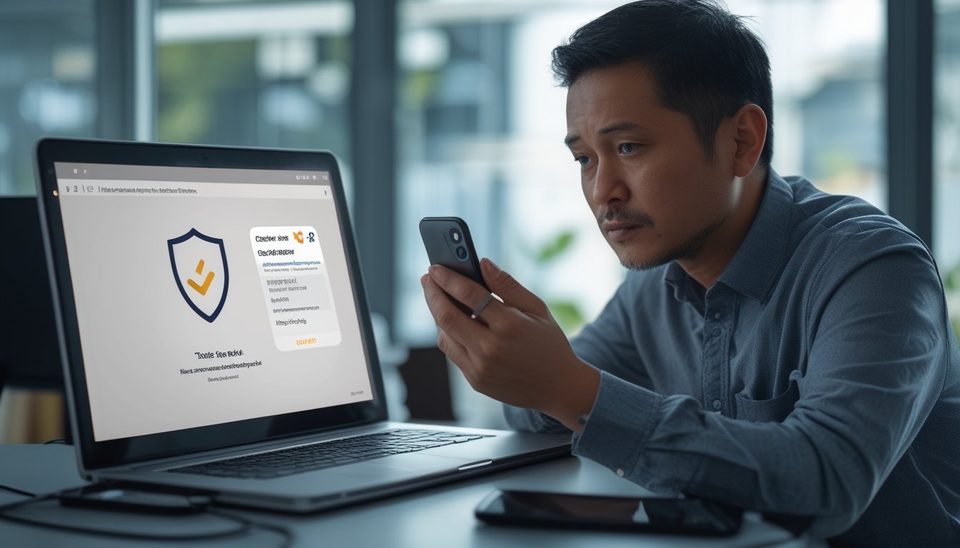 Seseorang memeriksa laptop dan ponsel dengan ekspresi waspada.