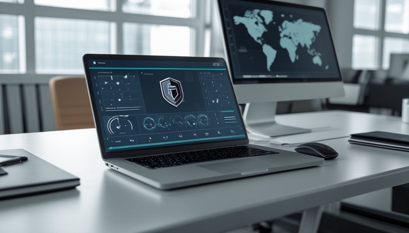 Seseorang menggunakan ponsel dan laptop di meja kantor dengan tampilan antarmuka digital.