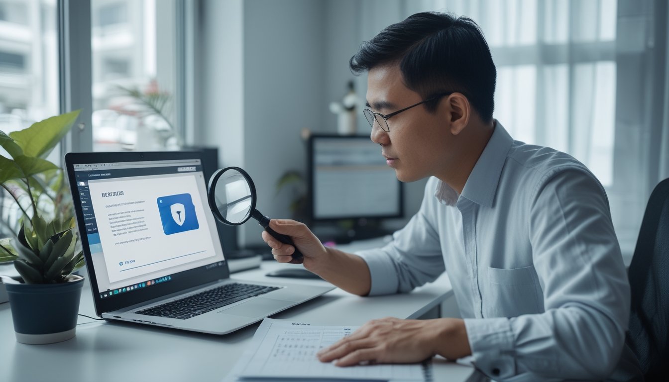 Seseorang memeriksa keamanan sebuah situs di laptop dengan kaca pembesar dan daftar periksa.