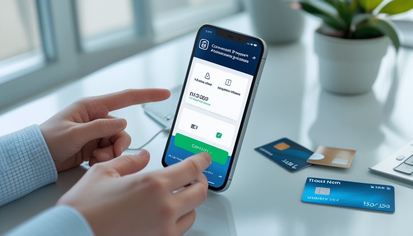 Seseorang menggunakan ponsel dengan pilihan pembayaran digital di atas meja.