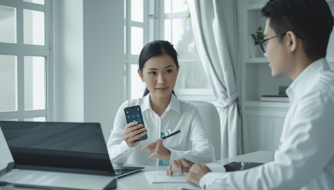 Seseorang membandingkan pilihan pembayaran digital melalui ponsel sambil memeriksa daftar di meja.