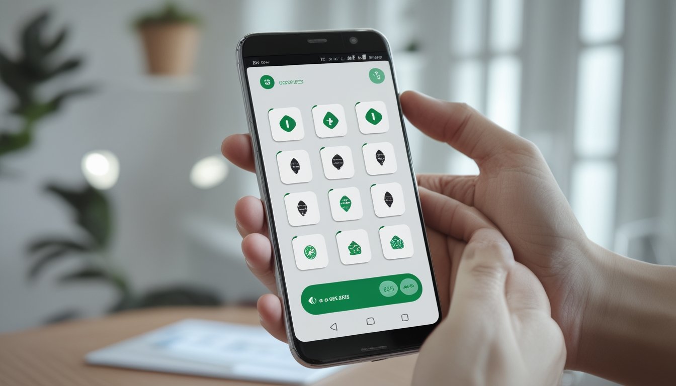 Seseorang memegang ponsel Android dengan tampilan aplikasi sederhana.