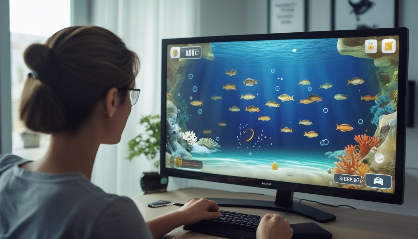 Seorang pemain mengarahkan meriam ke ikan dalam permainan arcade bawah laut di layar monitor.