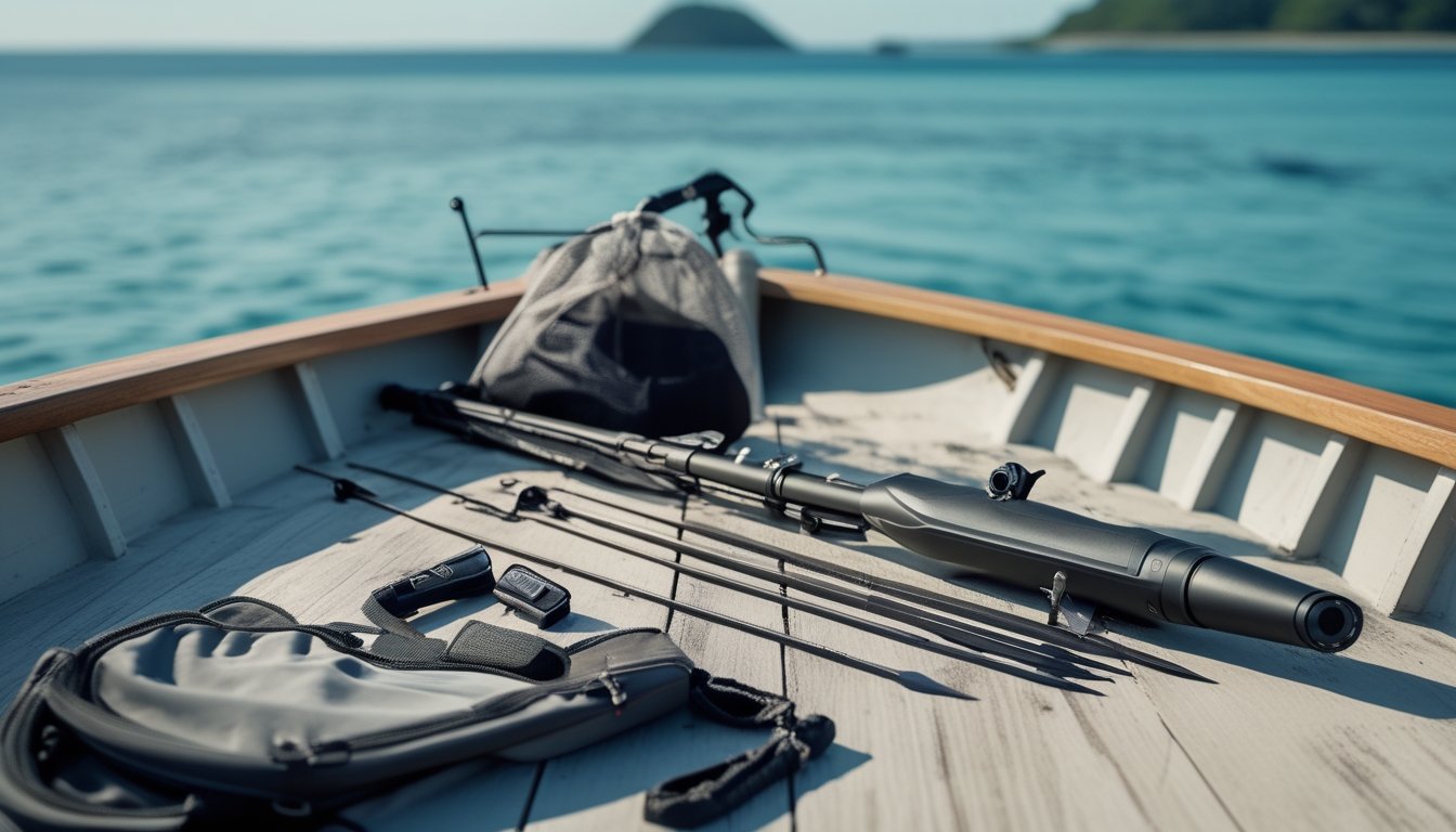 Peralatan tembak ikan dan perlengkapan snorkeling tersusun di atas geladak perahu.
