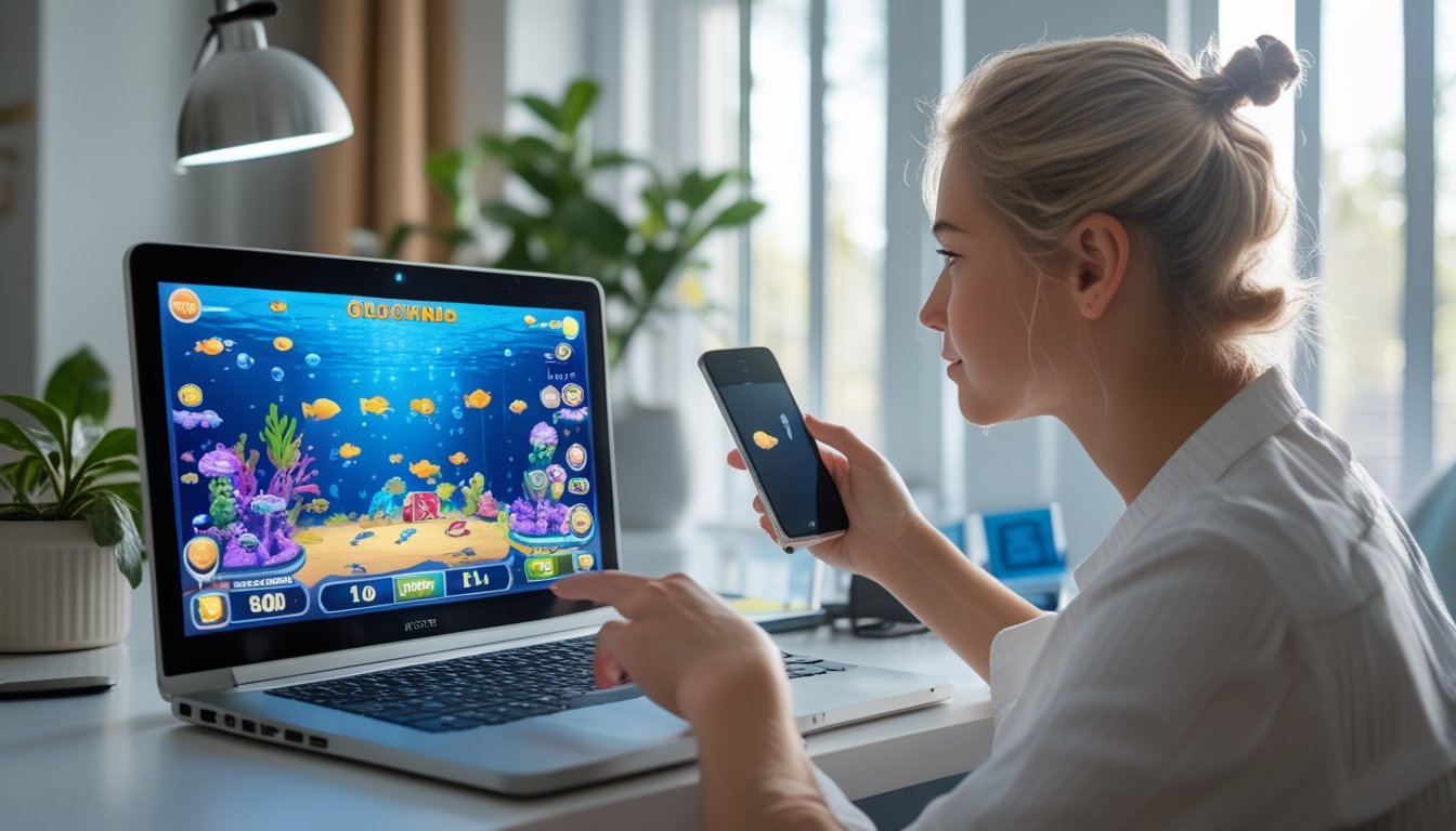 Seorang pemula melihat permainan tembak ikan di laptop sambil memegang ponsel.