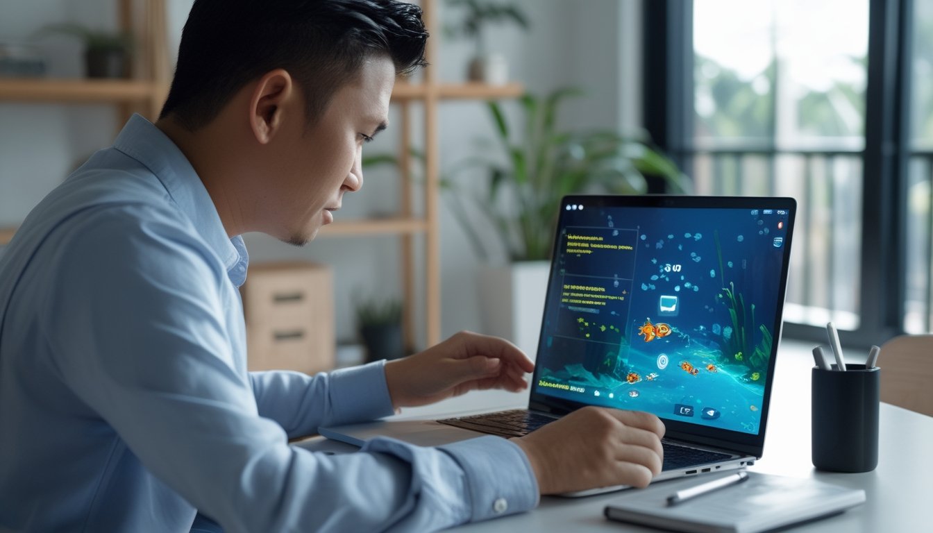 Seseorang memeriksa keamanan platform permainan ikan melalui laptop dan ponsel.
