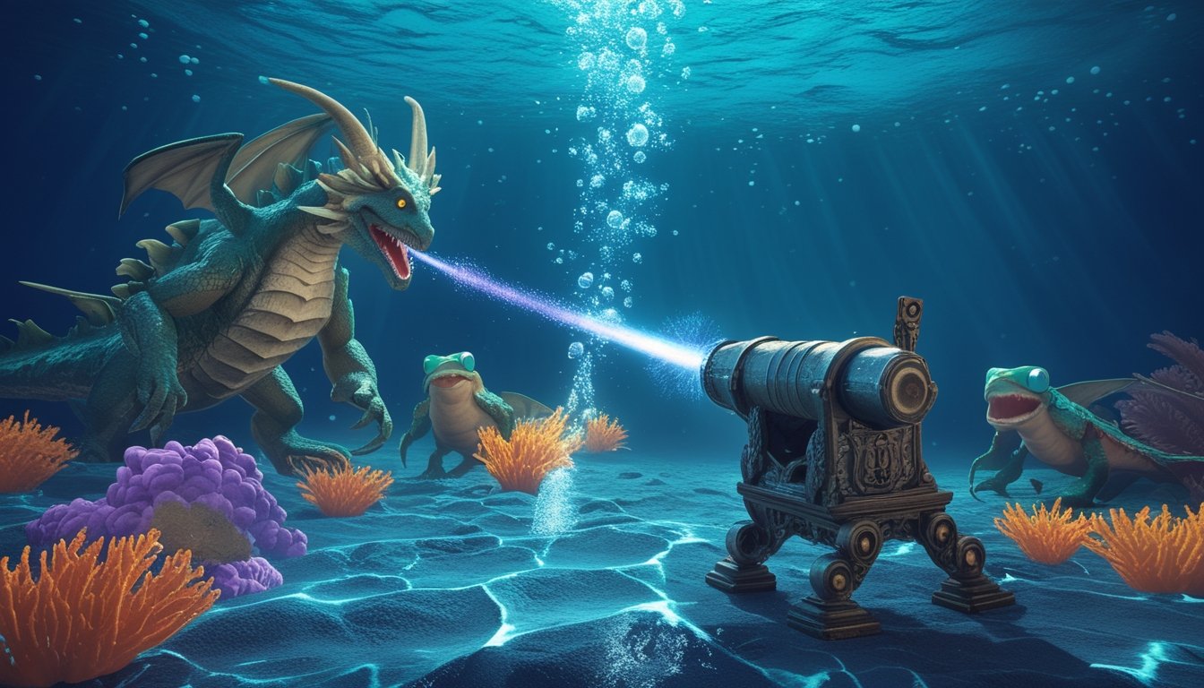 Meriam bawah laut menembakkan proyektil ke arah naga laut besar dan monster-monster kecil.