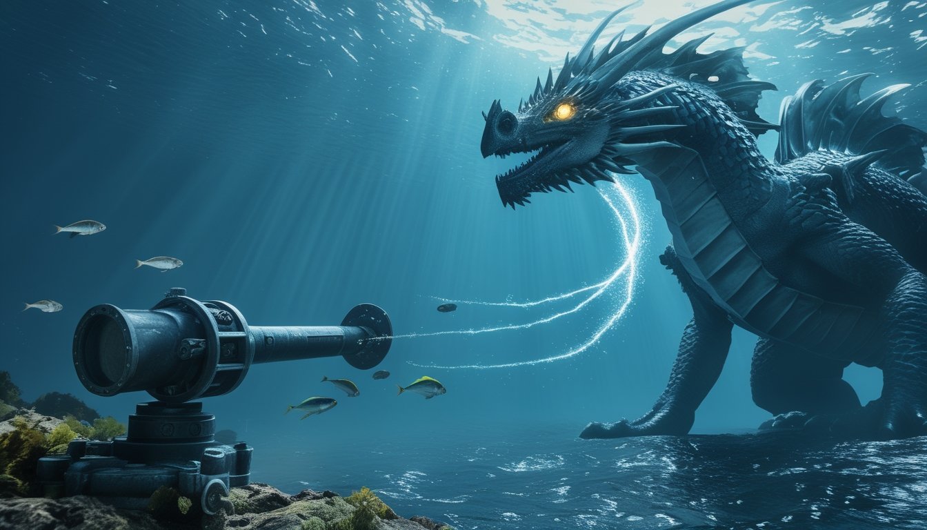 Naga laut besar menghadapi ikan-ikan kecil dan meriam bawah air.