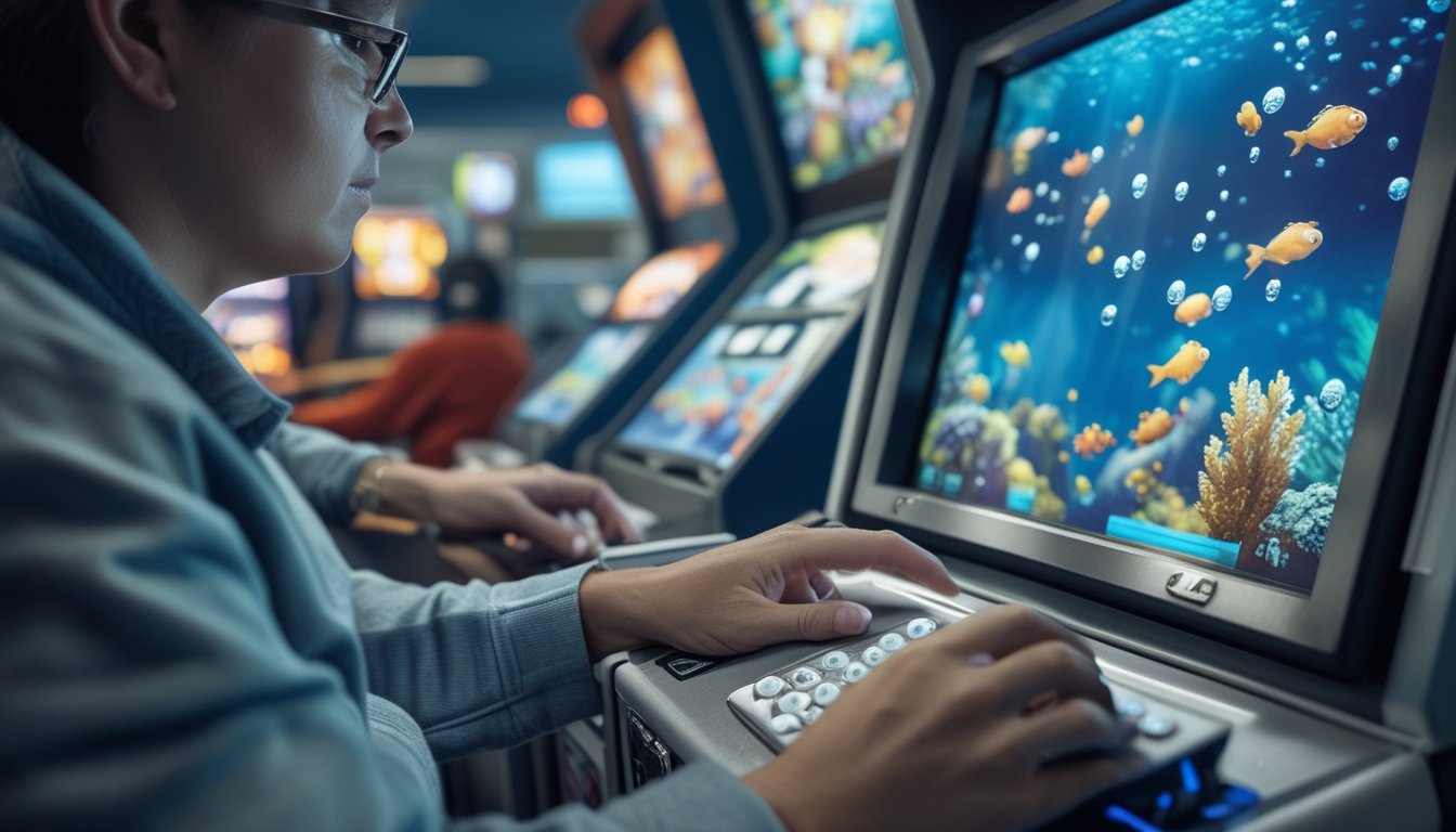 Seseorang mengatur token sambil bermain mesin permainan tembak ikan.