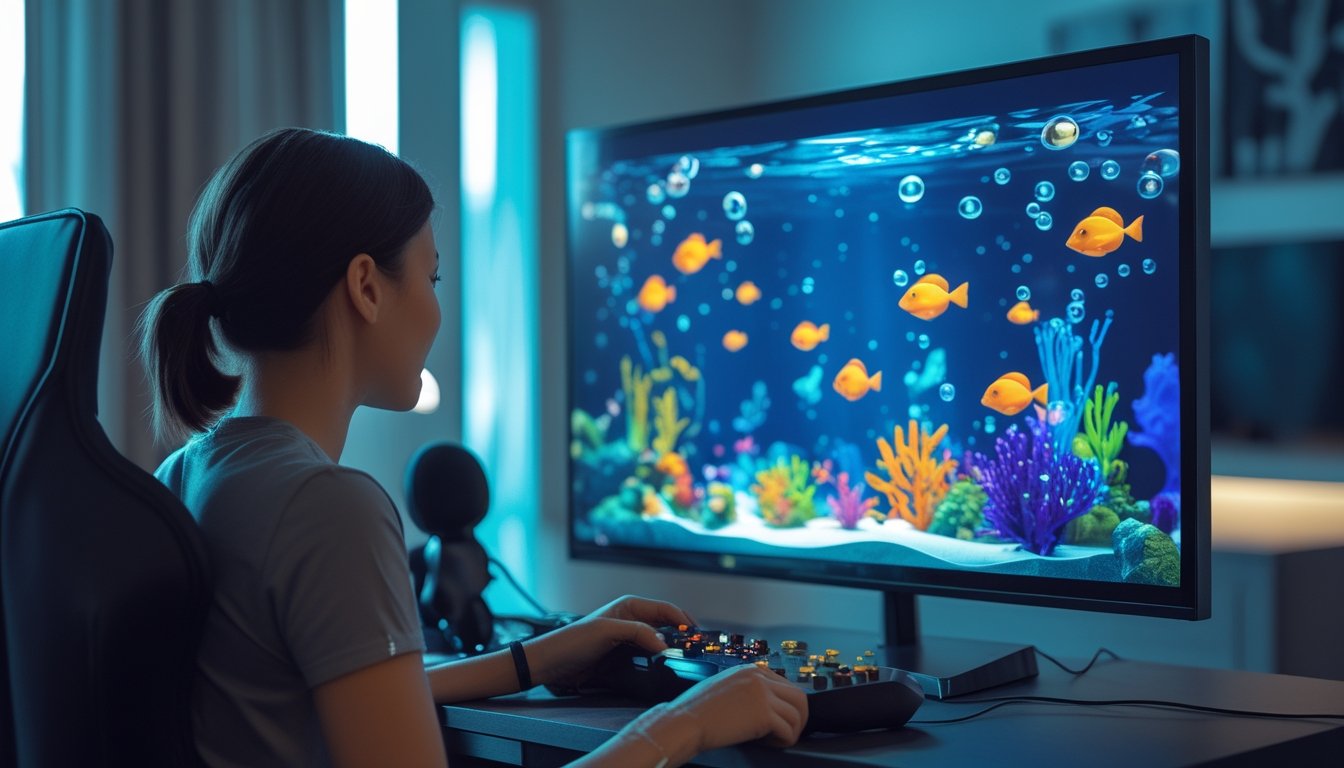 Seorang pemain duduk di depan monitor yang menampilkan permainan ikan bawah laut.