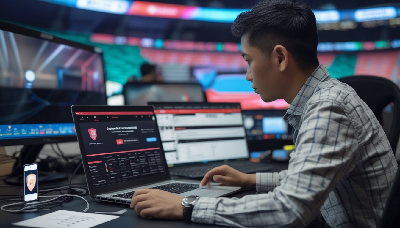 Seseorang memeriksa situs esports di laptop sambil melihat ponsel dan daftar periksa.