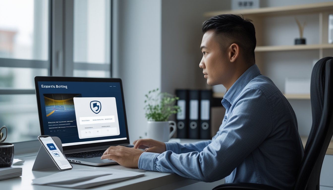 Seorang dewasa memeriksa situs esports di laptop dengan dokumen dan simbol verifikasi di meja.
