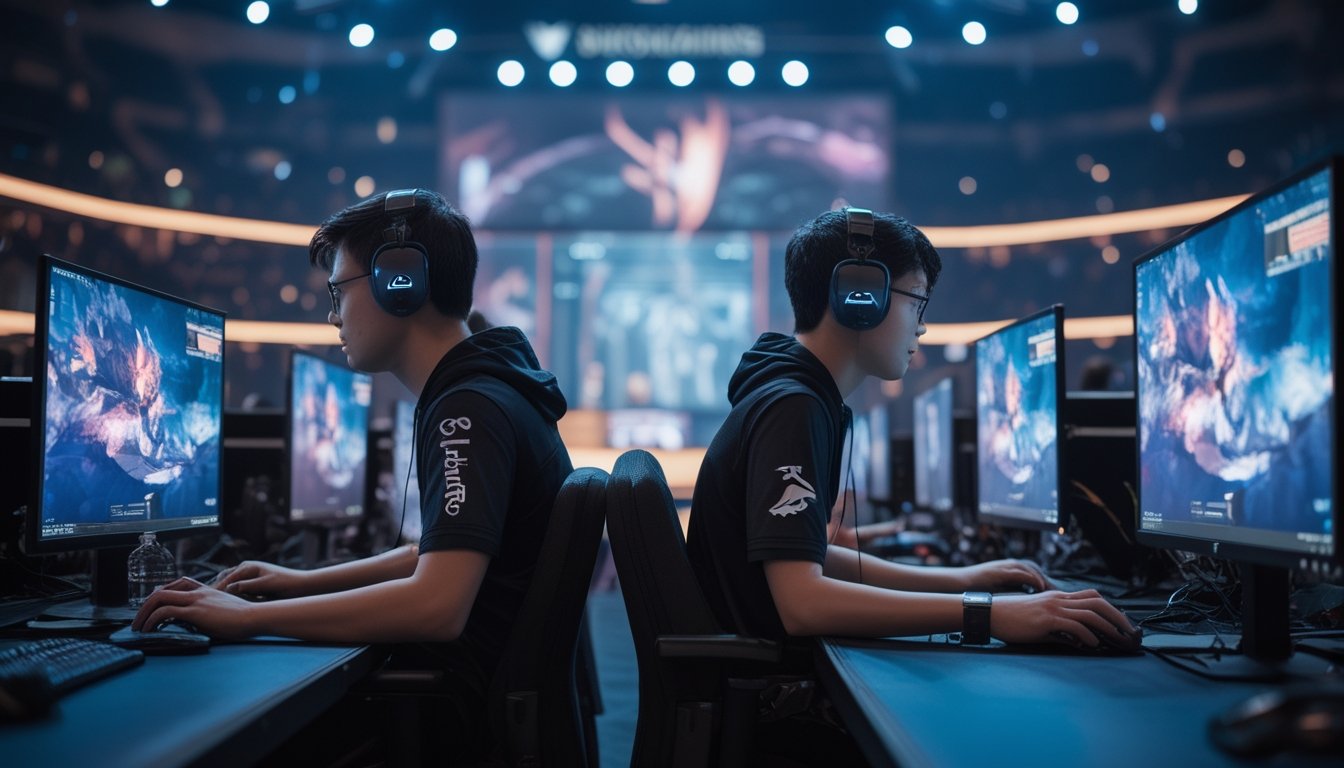Dua pemain esports bertanding di komputer dalam sebuah arena turnamen.