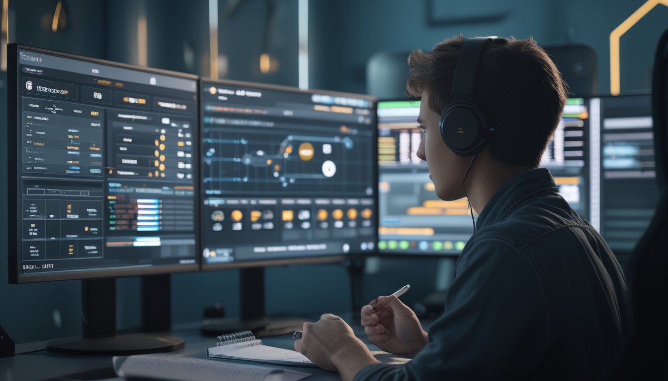 Seorang analis esports membandingkan tampilan pasar turnamen di beberapa monitor.