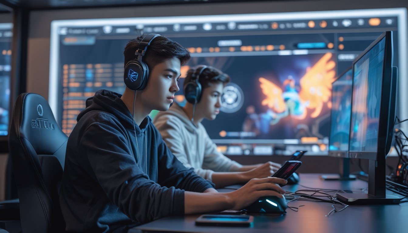 Dua pemain esports bertanding menggunakan ponsel sementara penonton menyaksikan siaran langsung.