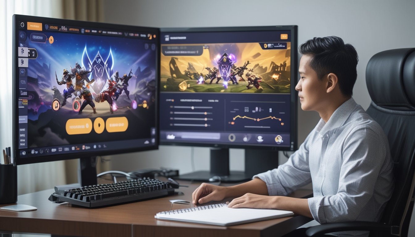 Seseorang membandingkan siaran pertandingan esports di monitor dan ponsel.