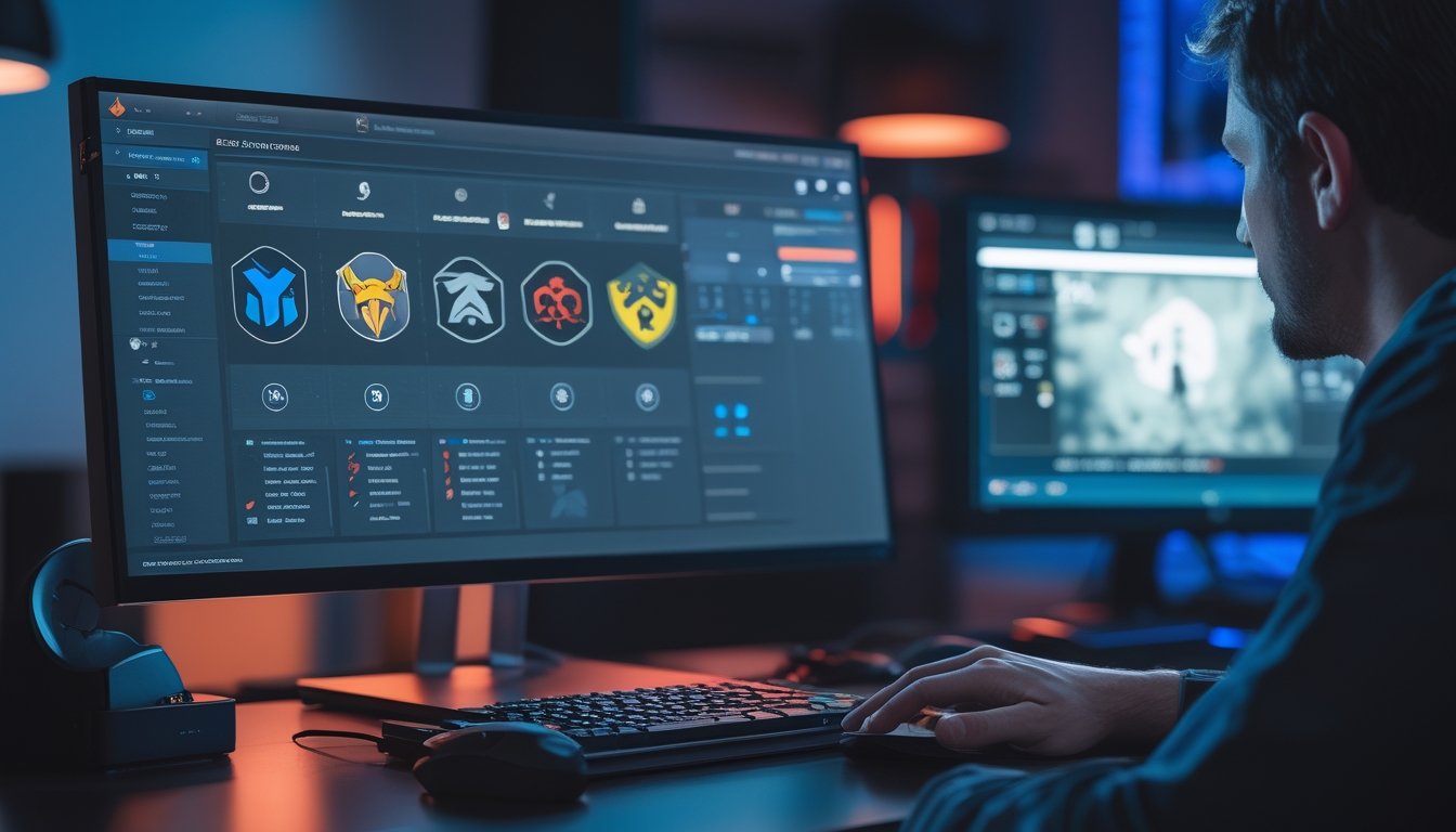 Seorang dewasa melihat antarmuka turnamen esports di monitor sambil menggunakan komputer.