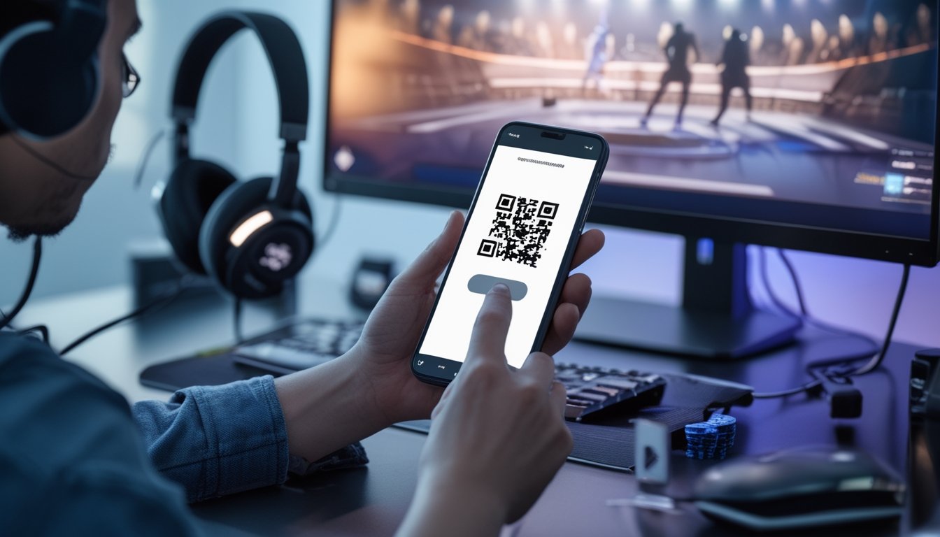 Seseorang menggunakan ponsel untuk memindai kode QR di meja dengan laptop dan perlengkapan esports.